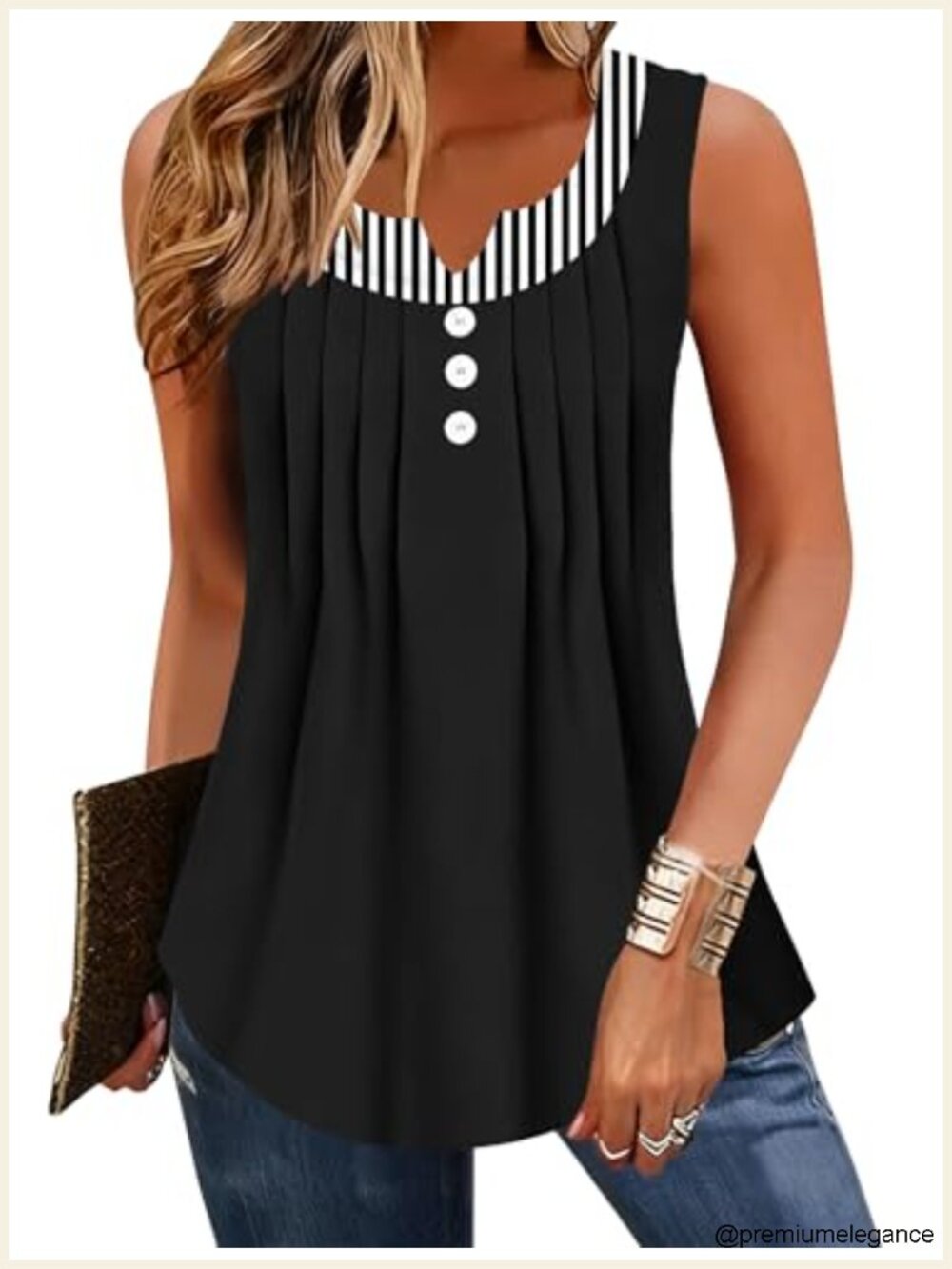 Women's Sleeveless Striped Tank Top Pleated Blouse Summer